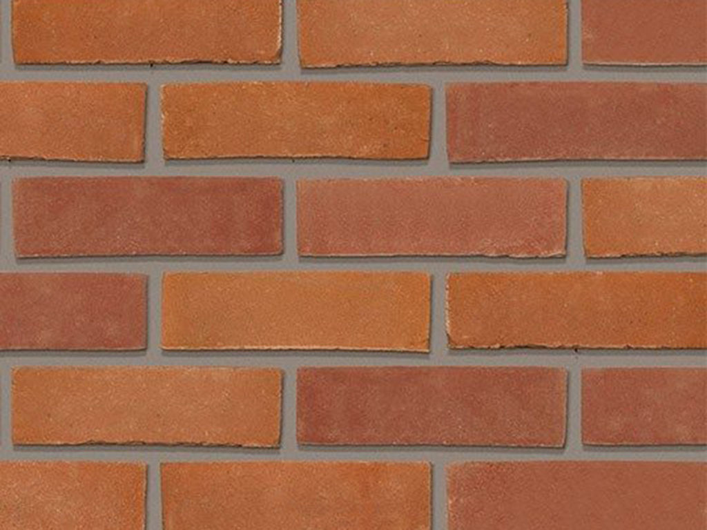 Close up of a wall of Thornton Red Blend bricks
