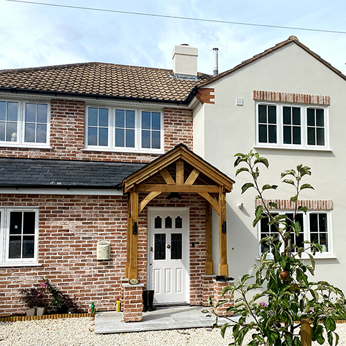 An exterior of a house built using Olde Wells Rustica bricks