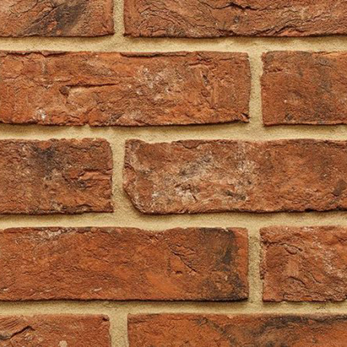 Close up of a wall of Reclamation Shire Blend bricks