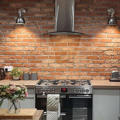 A  Whitby Red Multi brick slip kitchen wall