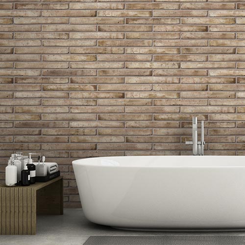 An Olde English Grey Linear feature wall in a bathroom